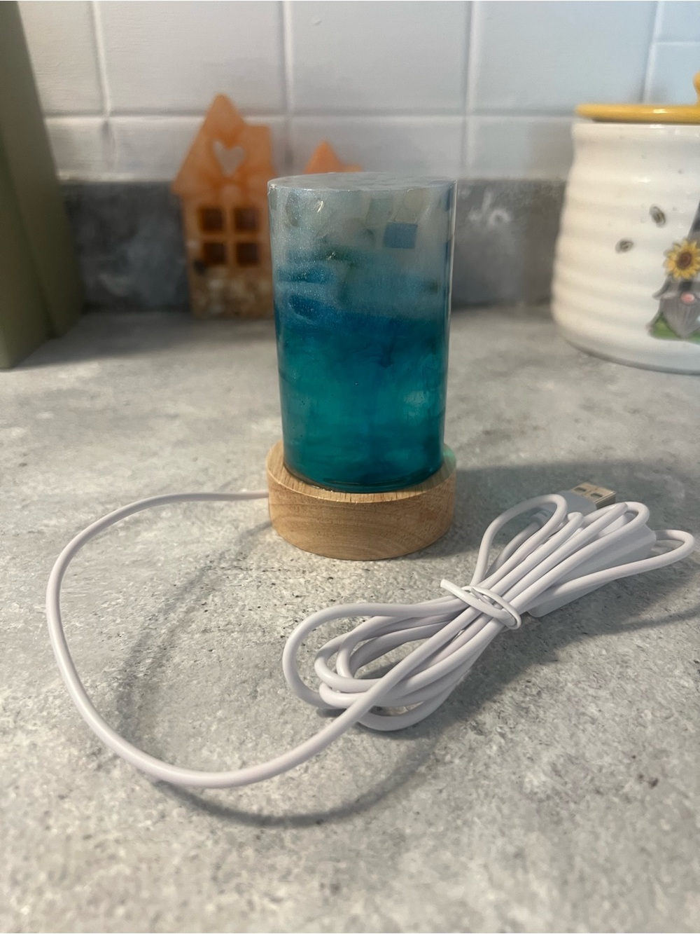 Teal Blue Resin USB Night Light on Wooden Base